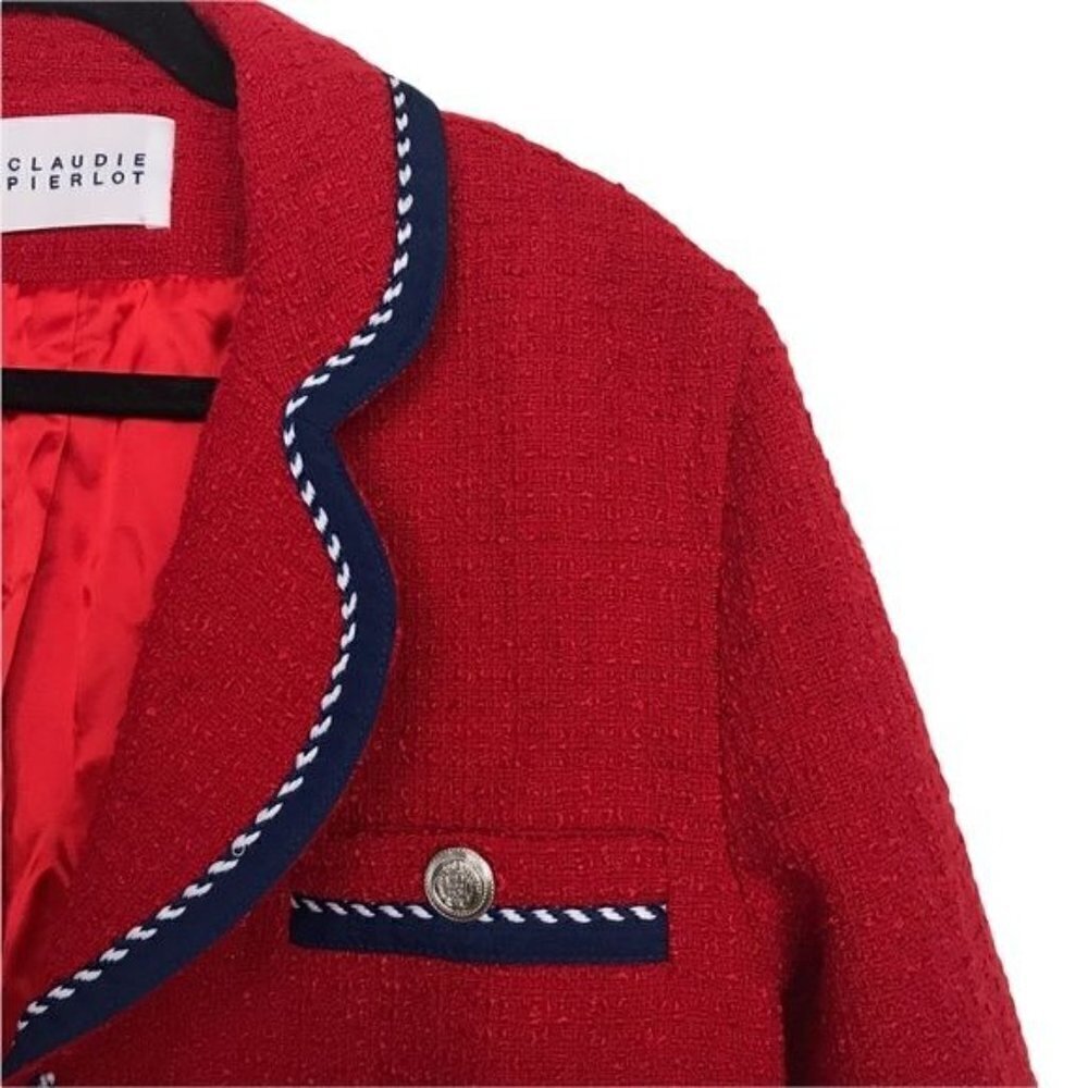 Claudie Pierlot Red Gamin Contrast Trim Tweed Coat Jacket Size 4 - Picture 10 of 15
